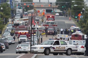 Police and firefighters respond to the report of shooting at the Navy Yard in Washington, D.C